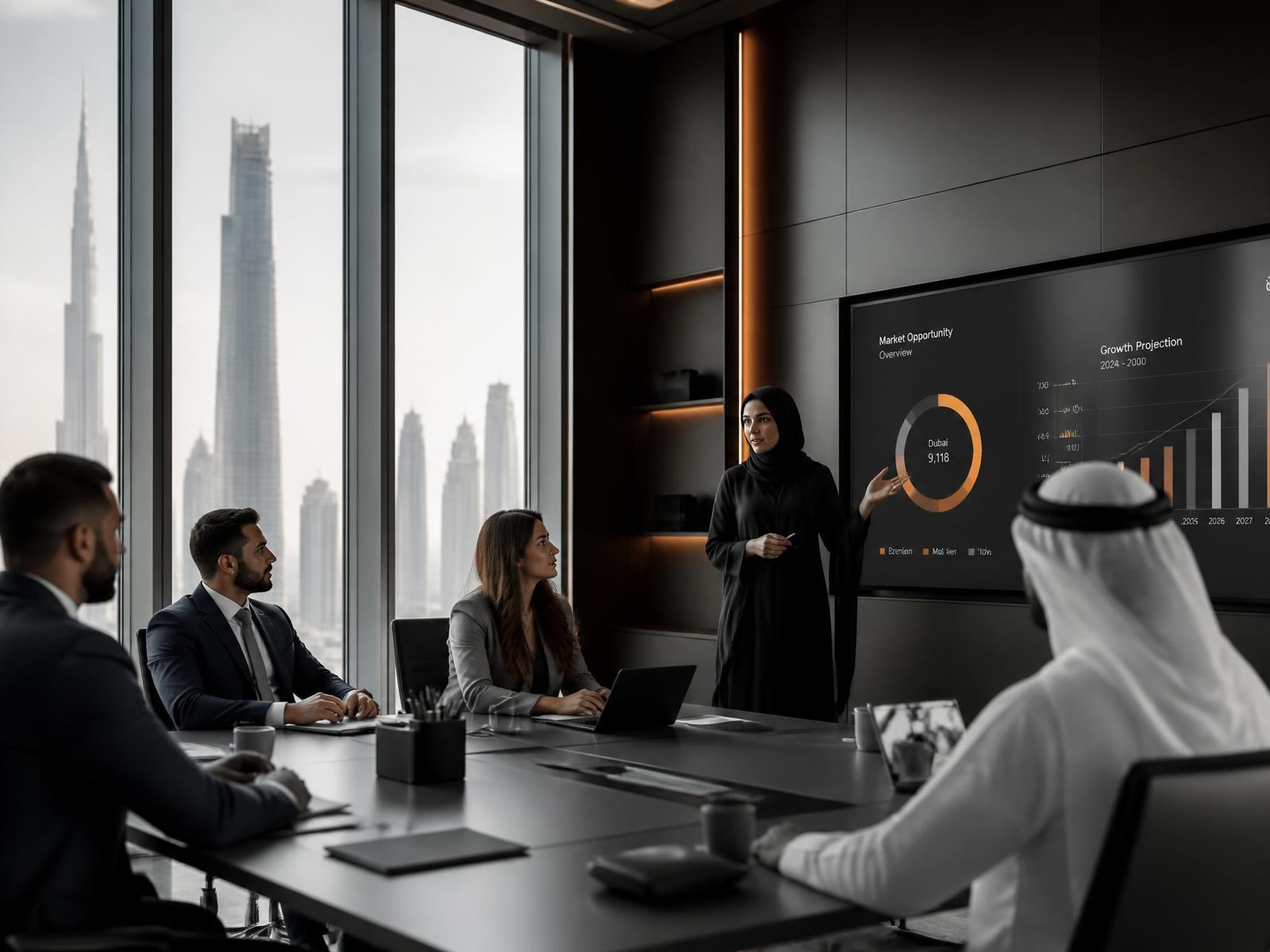 Business leaders reviewing talent and growth data in a Dubai office